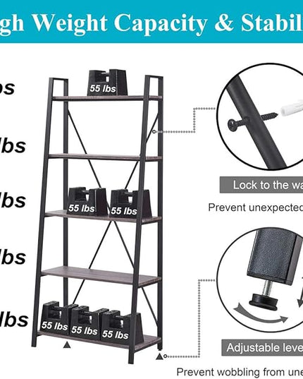 BON AUGURE 5-Tier Ladder Shelf, Industrial Leaning Bookcase, Wood and Metal Ladder Bookshelf for Living Room, Bedroom, Kitchen, Home Office (Grey Oak) - LeafyLoom