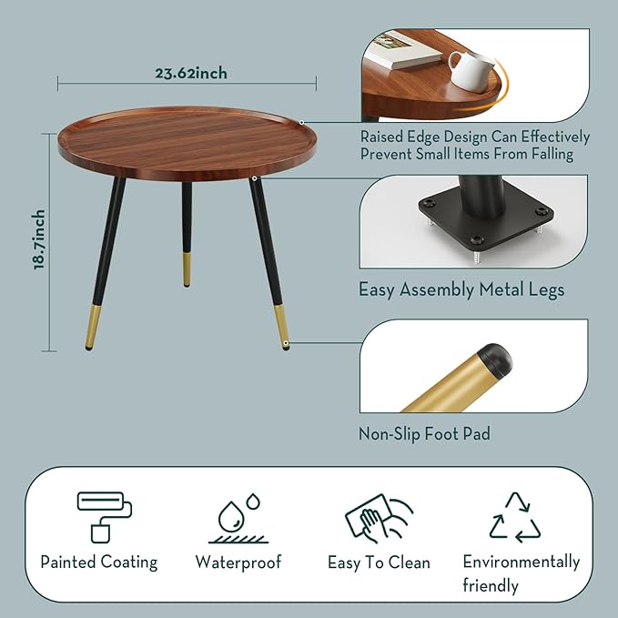 SAYGOER Round Coffee Table Small Modern Coffee Tables Rustic Farmhouse Center Table for Living Room Home Office Mid Century Accent Sofa Table Easy Assembly, Dark Brown - LeafyLoom