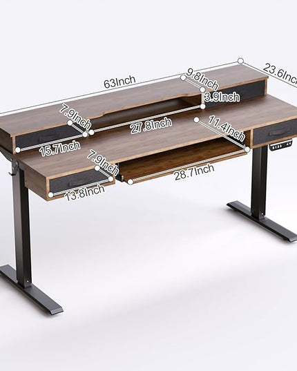 Electric Standing Desk, Multifunctional Standing Desk Adjustable Height, 63 * 24 Standing Desk with 4 Drawers, Ergonomic Adjustable Standing Desk with Keyboard Tray, Rustic Brown - LeafyLoom