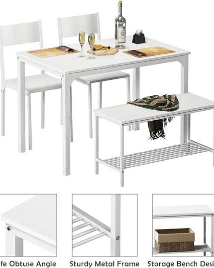 soges 4 Person Dining Table Set,43.3 inch Kitchen Table Set for 4,2 Chairs with Backrest,2-Person Bench with Storage, White Rack,Nesting Furniture Set for Dining Room and Restaurant, White - LeafyLoom