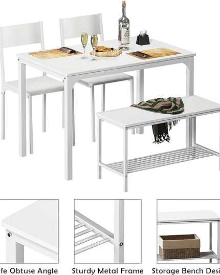 sogesfurniture 4-Piece Dining Table Set with 1 Bench and 2 Chairs, Kitchen Bench Table Set for 4, Wooden Kitchen Table and Chairs for Limited Space,White - LeafyLoom