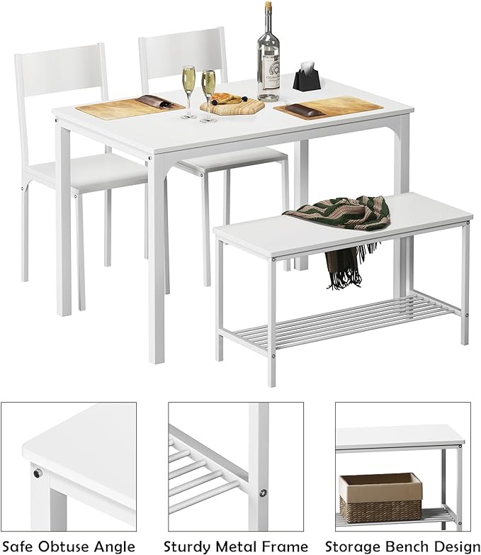 sogesfurniture 4-Piece Dining Table Set with 1 Bench and 2 Chairs, Kitchen Bench Table Set for 4, Wooden Kitchen Table and Chairs for Limited Space,White - LeafyLoom