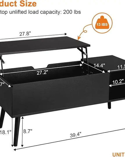 Coffee Table Lift Top - Black Coffee Table with Lifting Top and Hide Compartment Storage - Rectangle Coffee Table Wood - Lift up Coffee Tables for Living Room - LeafyLoom