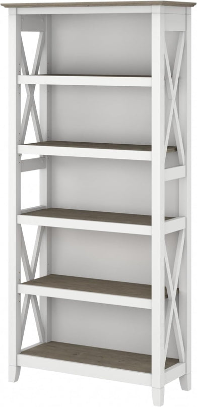 Bush Furniture BSH24470221 Key West 5-Shelf 66-Inch H Bookcase, Shiplap Gray/Pure White - LeafyLoom