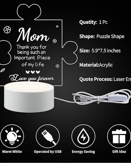 Puzzle Night Light Gift for Mom, Mother's Day Gifts from Daughter and Son Night Lamp with Plastic Base, Mom Gifts On Anniversary Christmas Day for Mom - LeafyLoom