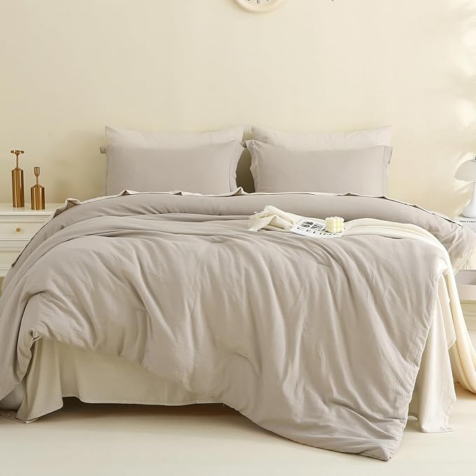 MILDLY California King Size Comforter Set 7 Piece Color Clash, Oatmeal Grey Bed in a Bag, All Season Bedding Sets with 1 Comforter, 2 Pillow Shams, 2 Pillowcases, 1 Flat Sheet, 1 Fitted Sheet - LeafyLoom