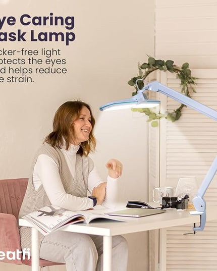 Neatfi Elite HD XL Task Lamp, 3 Light Modes, 90PCS SMD LED, Super Bright Desk Lamp, Eye-Caring LED Lamp, Non-Polar Dimming, Adjustable Brightness Levels (CCT with Clamp, Blue Ring, 17 Inches) - LeafyLoom