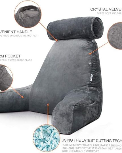 Shredded Foam Reading Pillow with Detachable Neck Roll & Big Bed Backrest Pillow for Bed with Arms and Side Pocket - Perfect for Back Support While Relaxing, Gaming,or Reading - LeafyLoom