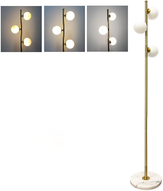 3-Globe Mid Century Floor Lamp for Living Room, Modern Dimmable Tall Standing Lamp with Frosted Glass Shades, Contemporary Gold Pole Lamp for Bedroom Office （Bulbs Included） - LeafyLoom