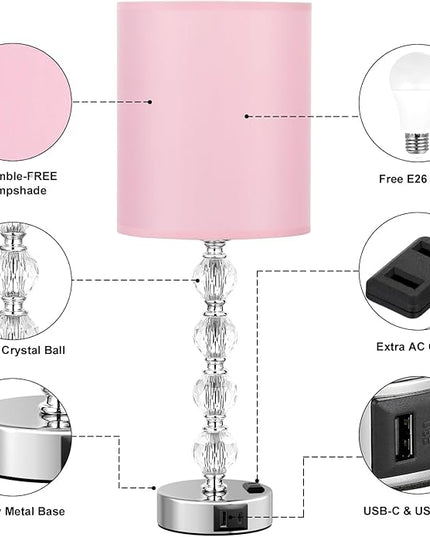 Acaxin Touch Bedside Crystal Lamps for Bedrooms Nightstand with USB C+A Charging Port and AC Outlet White, 3 Way Dimmable Silver Large End Side Table Lamp for Living/Guest/Dinning Room/Kitchen - LeafyLoom