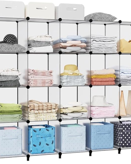 HOMIDEC 20-Cube Transparent Cube Storage Organizer, Modular Storage Shelf with Hammer, Cube Storage Bin Cabinet Closet Bookshelf for Living Room, Bedroom, Office, Each Cube Size 11.8 x 11.8 inch - LeafyLoom