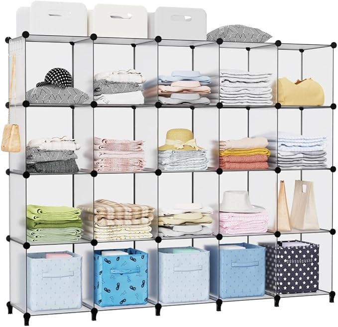 HOMIDEC 20-Cube Transparent Cube Storage Organizer, Modular Storage Shelf with Hammer, Cube Storage Bin Cabinet Closet Bookshelf for Living Room, Bedroom, Office, Each Cube Size 11.8 x 11.8 inch - LeafyLoom