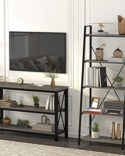 BON AUGURE 5-Tier Ladder Shelf, Industrial Leaning Bookcase, Wood and Metal Ladder Bookshelf for Living Room, Bedroom, Kitchen, Home Office (Grey Oak) - LeafyLoom