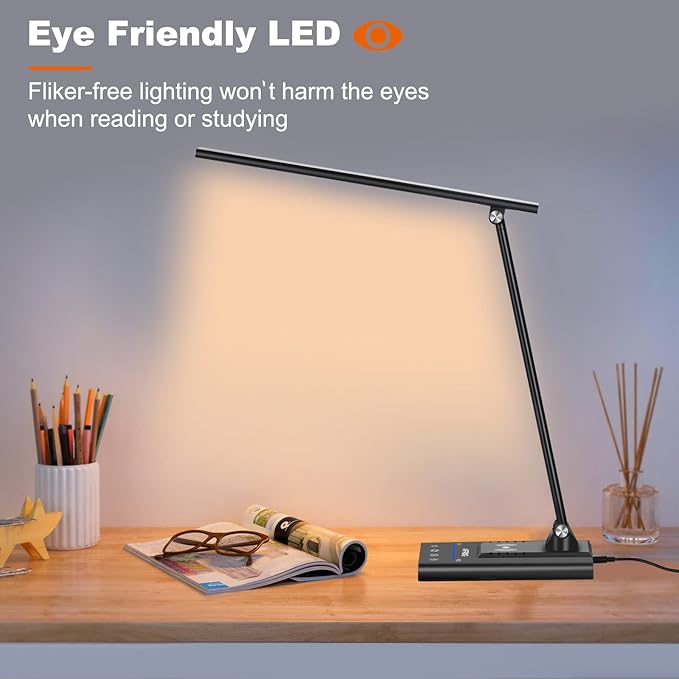 AFROG 5th Gen Multifunctional LED Desk Lamp with 10W Fast Wireless Charger, USB Charging Port,1800Lux Super Bright,5 Lighting Mode,7 Brightness, Touch Control, Auto Timer, 15W Office Table Lamp - LeafyLoom