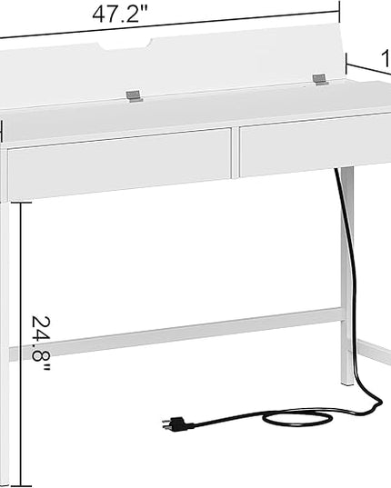 Treocho Computer Desk with USB Charging Ports and Power Outlets, Modern Simple 47 inch White Desk with 2 Drawers, Vanity Desk, Makeup Table for Home Office, Bedroom - LeafyLoom