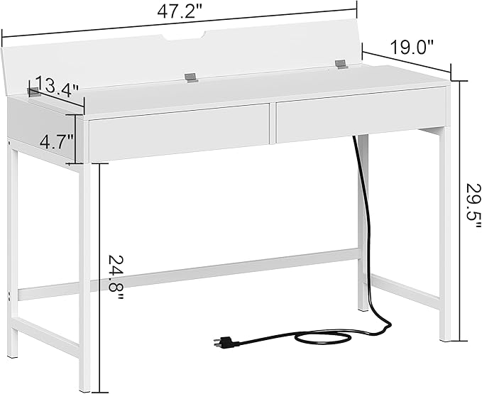 Treocho Computer Desk with USB Charging Ports and Power Outlets, Modern Simple 47 inch White Desk with 2 Drawers, Vanity Desk, Makeup Table for Home Office, Bedroom - LeafyLoom