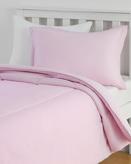 Amazon Basics Kid's 2 Piece Comforter and Pillow Sham Set, Soft, Easy Wash Microfiber, Twin, Light Pink, Solid - LeafyLoom
