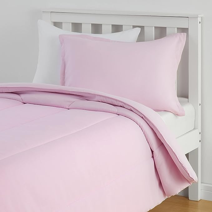 Amazon Basics Kid's 2 Piece Comforter and Pillow Sham Set, Soft, Easy Wash Microfiber, Twin, Light Pink, Solid - LeafyLoom
