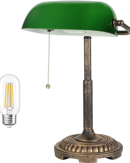 Bankers Lamp, Green Desk Lamp with Pull Switch, Vintage Table Lamps for Home Office, Library, Piano LED Bulb Included (Green) - LeafyLoom