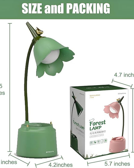 Cute LED Desk Lamp Kawaii Desk Accessories, Flower Bird Table lamp USB Rechargeable, 3 Color Modes, Stepless Dimming, Touch-Sensitive Switch Kawaii Room Decor Lamp, Eye Caring Reading Lamp (Green) - LeafyLoom