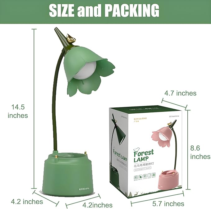 Cute LED Desk Lamp Kawaii Desk Accessories, Flower Bird Table lamp USB Rechargeable, 3 Color Modes, Stepless Dimming, Touch-Sensitive Switch Kawaii Room Decor Lamp, Eye Caring Reading Lamp (Green) - LeafyLoom