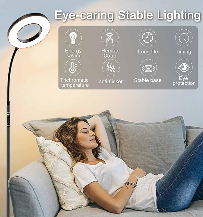 Sofa Standing lamp Floor lamp Side Reading Lamps 3-Color Tall Standing Pole Light with Remote for Live Stream Learning and Reading Living Room,Bed Room,Home Office - LeafyLoom