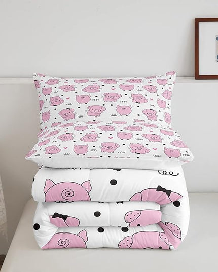 Erosebridal Pink Pig Comforter Set for Girls Kawaii Room Decor King,Cute Pigs Bedding Set for Kids Boys Children Farm Animal Quilted Duvet Sets Cartoom Style Soft Lightweight Down Comforter 3 Pcs - LeafyLoom
