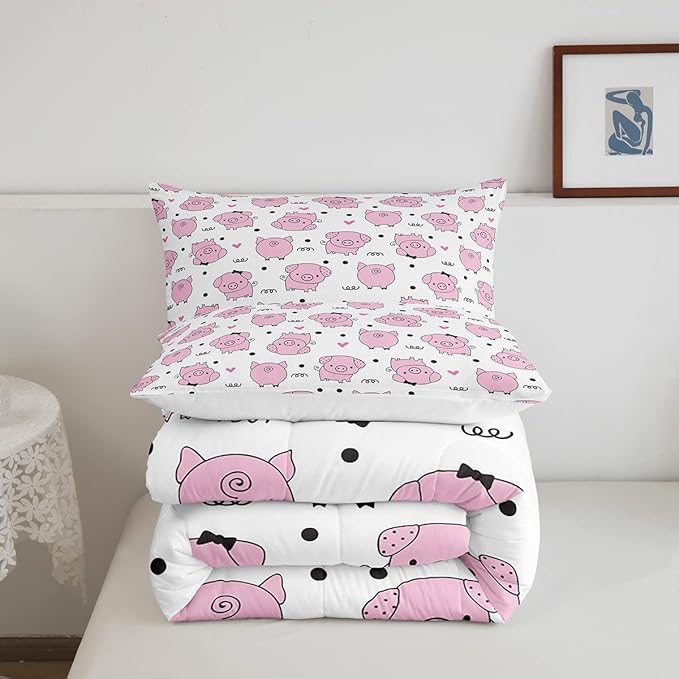 Erosebridal Pink Pig Comforter Set for Girls Kawaii Room Decor King,Cute Pigs Bedding Set for Kids Boys Children Farm Animal Quilted Duvet Sets Cartoom Style Soft Lightweight Down Comforter 3 Pcs - LeafyLoom