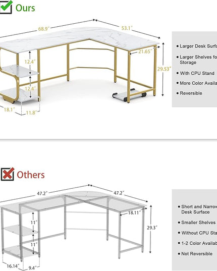 Teraves Reversible L Shaped Desk with Large Surface, 69 Inch Sturdy Corner Desk with Storage Shelves, Premium Office Computer Desk Workstation for Home Office Gaming - LeafyLoom