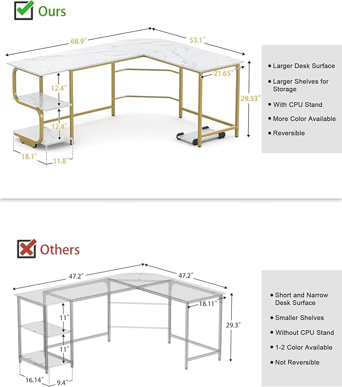 Teraves Reversible L Shaped Desk with Large Surface, 69 Inch Sturdy Corner Desk with Storage Shelves, Premium Office Computer Desk Workstation for Home Office Gaming - LeafyLoom