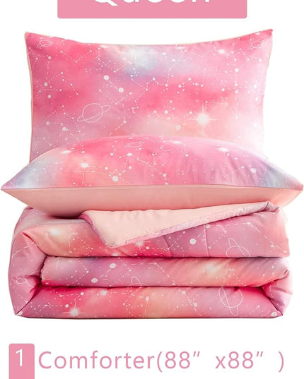 KAKKI Pink Galaxy Queen Comforter Set, 3-Piece, 88"x88" - LeafyLoom