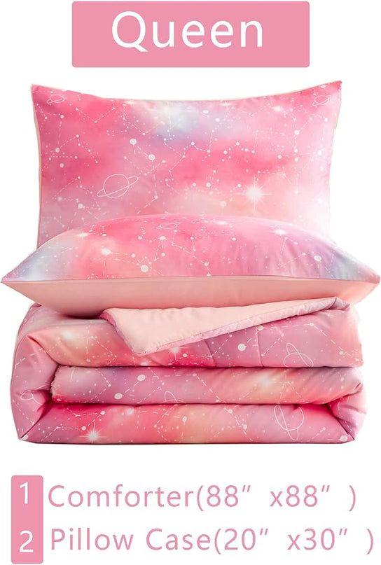 KAKKI Pink Galaxy Queen Comforter Set, 3-Piece, 88"x88" - LeafyLoom