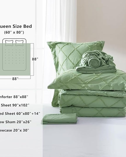 Boho Sage Green Comforter Set with Jacquard Tufted Design,Farmhouse Bedding Sets for All Seasons,Soft 7 Pieces Queen Bed in a Bag Comforter,Flat Sheet,Fitted Sheet,Pillowcases & Shams - LeafyLoom