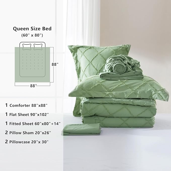 Boho Sage Green Comforter Set with Jacquard Tufted Design,Farmhouse Bedding Sets for All Seasons,Soft 7 Pieces Queen Bed in a Bag Comforter,Flat Sheet,Fitted Sheet,Pillowcases & Shams - LeafyLoom