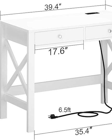 ChooChoo Computer Desk with USB Charging Ports and Power Outlets, 39" White Desk with Drawers, Small Study Writing Table with Stable X Frame for Home Office - LeafyLoom