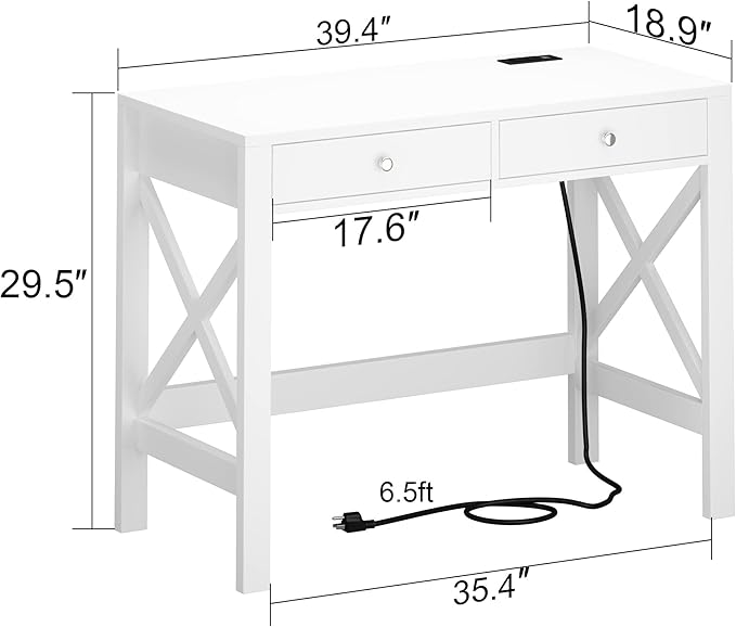 ChooChoo Computer Desk with USB Charging Ports and Power Outlets, 39" White Desk with Drawers, Small Study Writing Table with Stable X Frame for Home Office - LeafyLoom
