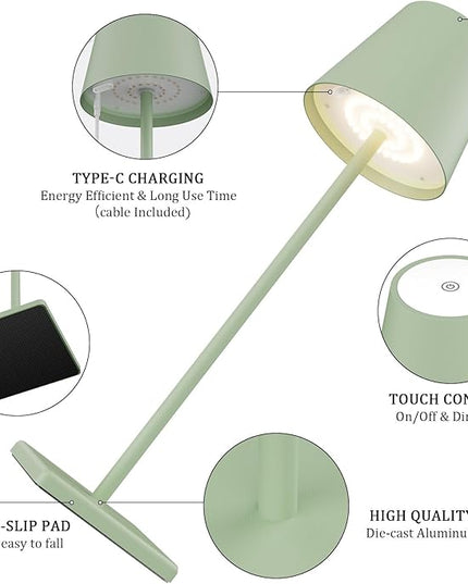 2-Pack LED Cordless Table Lamp, Rechargeable Battery Desk lamp 3W 5500mAh Battery Operated Stepless Dimming Modern Portable Table Light for Restaurant/Bedroom/Outdoor IP54 Waterproof (Green) - LeafyLoom