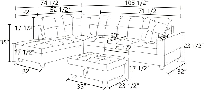 ROOMTEC Modern L Shaped Sectional Sofa Set with Storage Ottoman, Left Facing Chaise Longue, Reversible Backrest w/ 2 Cup Holders, Linen Tufted Cushions, for Living Room, Grey - LeafyLoom