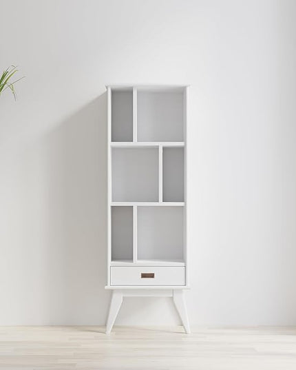 SIMPLIHOME Draper SOLID HARDWOOD 64 inch x 22 inch Mid Century Modern Bookcase and Storage Unit in White for The Living Room, Study Room and Office - LeafyLoom