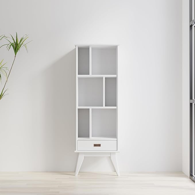 SIMPLIHOME Draper SOLID HARDWOOD 64 inch x 22 inch Mid Century Modern Bookcase and Storage Unit in White for The Living Room, Study Room and Office - LeafyLoom