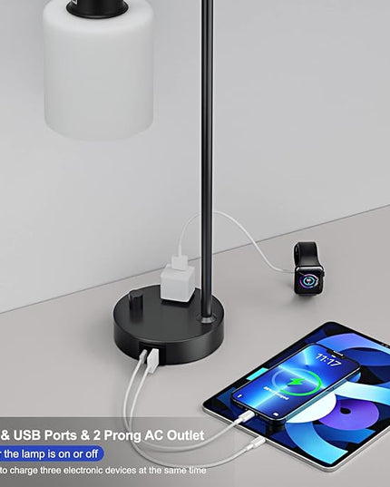 Industrial Bedroom Table Lamps for Bedside - White Opal Glass Shade Desk Lamps with USB C Port, Fully Dimmable Black Lamps with USB Port and Outlet, Reading Nightstand Lamp for Office Living Room - LeafyLoom