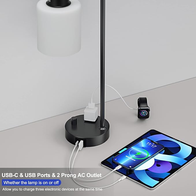 Industrial Bedroom Table Lamps for Bedside - White Opal Glass Shade Desk Lamps with USB C Port, Fully Dimmable Black Lamps with USB Port and Outlet, Reading Nightstand Lamp for Office Living Room - LeafyLoom