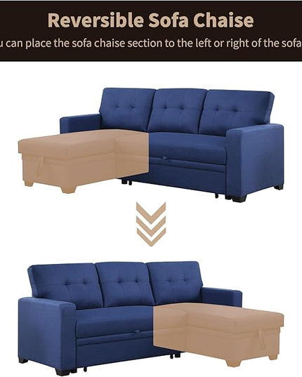 4-in-1 L Shaped Pull Out Convertible Modular Sectional Sofa Bed for Living Room Furniture Sets, Comfy Couch with Reversible Storage Chaise Upholstered for Apartment, Studio, Office - Blue - LeafyLoom