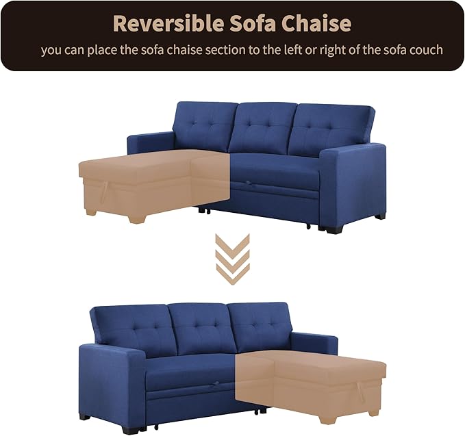 4-in-1 L Shaped Pull Out Convertible Modular Sectional Sofa Bed for Living Room Furniture Sets, Comfy Couch with Reversible Storage Chaise Upholstered for Apartment, Studio, Office - Blue - LeafyLoom