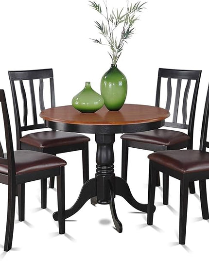 East West Furniture Antique 5 Piece Dining Set for 4 Includes a Round Kitchen Table with Pedestal and 4 Faux Leather Upholstered Dinette Chairs, 36x36 Inch, ANTI5-BLK-LC - LeafyLoom