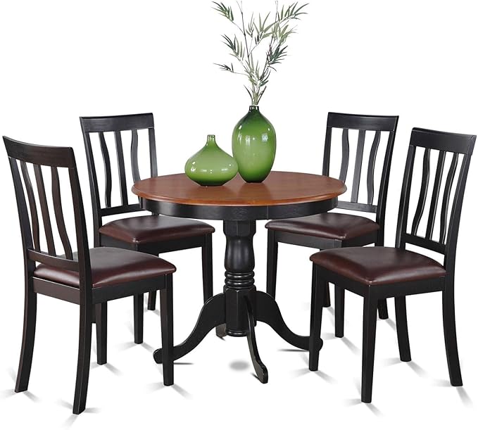 East West Furniture Antique 5 Piece Dining Set for 4 Includes a Round Kitchen Table with Pedestal and 4 Faux Leather Upholstered Dinette Chairs, 36x36 Inch, ANTI5-BLK-LC - LeafyLoom