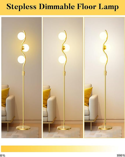 Lightdot 60IN Dimmable (Brightness Adjustable) Gold Floor Lamp, Mid Century Standing Lamps with 3 Globe Soft Warm White Eye Care 3000K Bulbs Included, Modern Tall Lamp for Bedroom Office - LeafyLoom