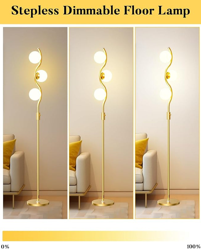 Lightdot 60IN Dimmable (Brightness Adjustable) Gold Floor Lamp, Mid Century Standing Lamps with 3 Globe Soft Warm White Eye Care 3000K Bulbs Included, Modern Tall Lamp for Bedroom Office - LeafyLoom