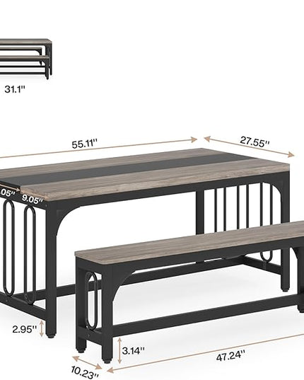 Tribesigns 55 Inch Dining Table Set for 4-6, 3-Piece Kitchen Table with 2 Benches, Space-Saving Dining Room Table Set for Home Kitchen, Restaurant, Grey - LeafyLoom
