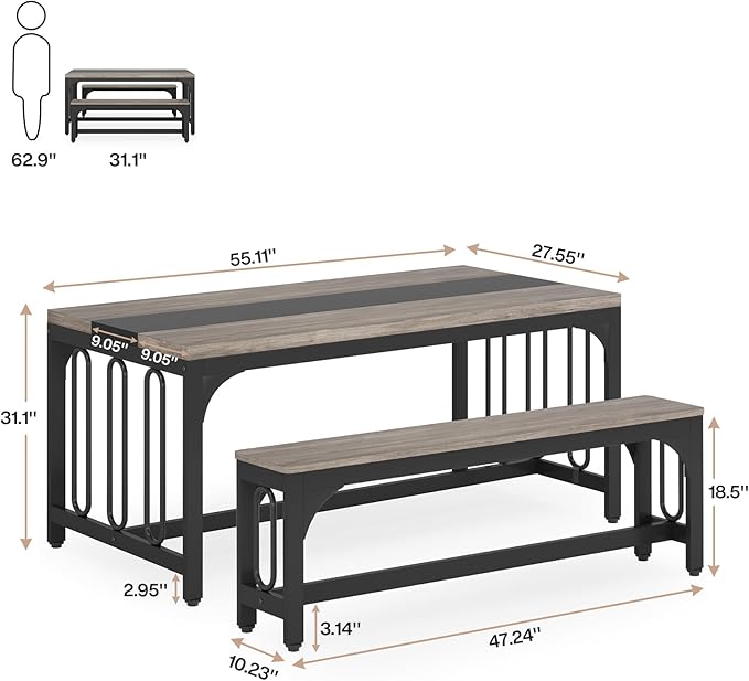 Tribesigns 55 Inch Dining Table Set for 4-6, 3-Piece Kitchen Table with 2 Benches, Space-Saving Dining Room Table Set for Home Kitchen, Restaurant, Grey - LeafyLoom